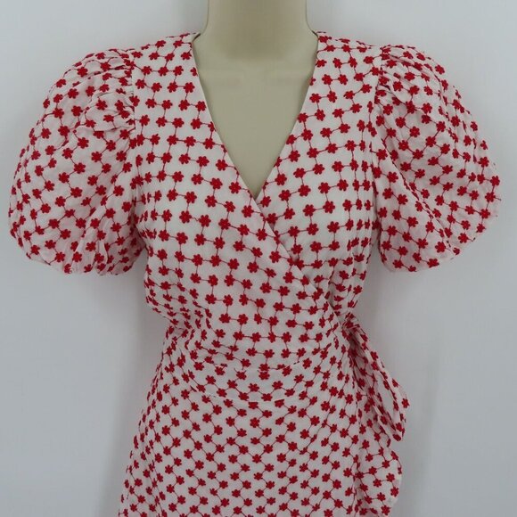 Draper James Womens Small Puff Sleeve Wrap Dress Red Embroidered Flowers NEW - Picture 2 of 14